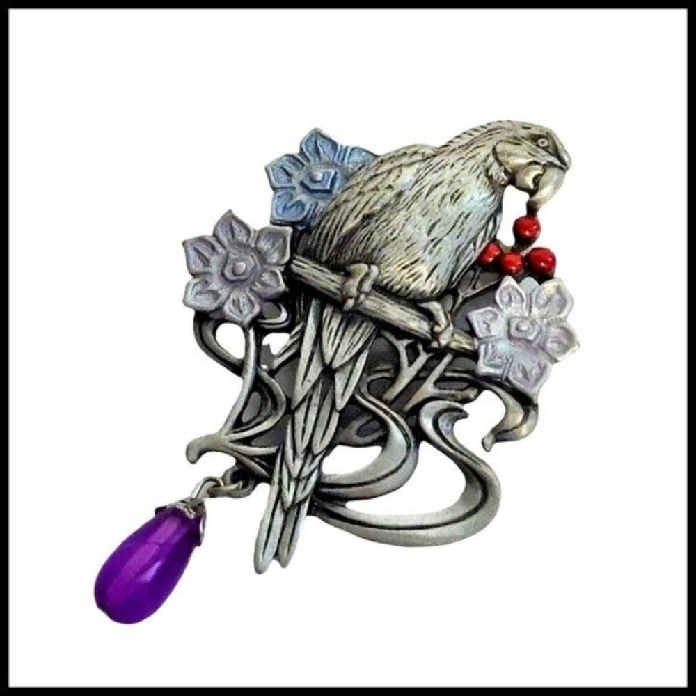 Vintage Signed JJ‎ Parrot Perched on Limb Flowers  Brooch Pin Silver Tone Purple
